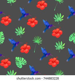 seamless pattern of a hibiscus or Chinese rose and hummingbird on a beautiful light background