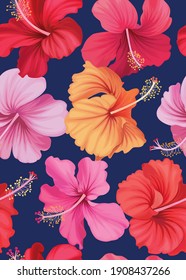 Seamless pattern of Hibiscus flower background template. Vector set of floral element for wedding invitations, greeting card, brochure, banners and fashion design.