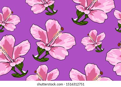 Seamless pattern with hibiscus flower collection. Decorative illustration, good for printing. Hand drawn wallpaper vector