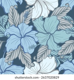 Seamless pattern of Hibiscus flower with combination of blue colors. This seamless pattern of Hibiscus flower suitables for prints, fabrics,or subimation.