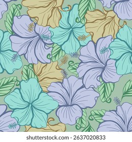 Seamless pattern of Hibiscus flower with combination of calm color. This seamless pattern of Hibiscus flower suitables for prints, fabrics,or subimation.