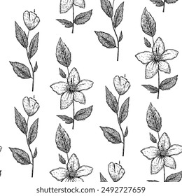 Seamless pattern with hibiscus flower in hand drawn sketch style