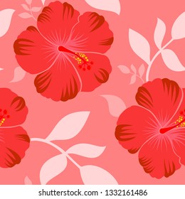 seamless pattern hibiscus flower hawaii on red background