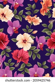 Seamless pattern of hibiscus flower and Orchid with leaf background template. Vector set of floral element for tropical print, wedding invitations, greeting card, brochure, banners and fashion design.