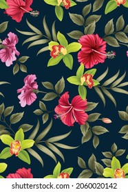 Nahtlose Muster von Hibiskus-Blume und Orchid mit Blatt-Hintergrund-Vorlage. Vektorset mit Blumenmustern für tropischen Druck, Hochzeitseinladungen, Grußkarte, Broschüre, Banner und Modedesign.