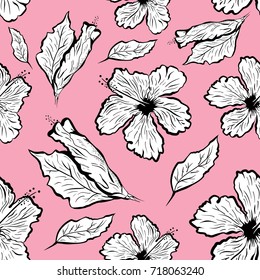Seamless pattern of Hibiscus flower in tattoo style. Black and white, graphic tropical flowers