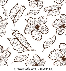 Seamless pattern of Hibiscus flower in tattoo style. Black and white, graphic tropical flowers