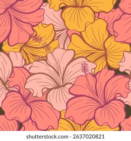 Seamless pattern of Hibiscus flower with warm color. This warm seamless pattern of Hibiscus flower suitables for prints, fabrics,or subimation.