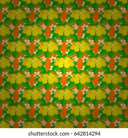 Seamless pattern with hibiscus flowers. Seamless abstract floral pattern on a orange background. Geometric leaf ornament. Graphic modern pattern. Cute vector background.