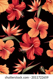 Seamless pattern of hibiscus flowers background template. Vector set of floral element for tropical print, wedding invitations, greeting card, brochure, banners and fashion design.