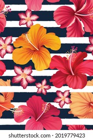 Seamless pattern of hibiscus flowers background template. Vector set of floral element for tropical print, wedding invitations, greeting card, brochure, banners and fashion design.