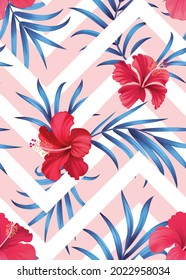 Seamless pattern of Hibiscus flowers background template. Vector set of floral element for tropical print, wedding invitations, greeting card, brochure, banners and fashion design.