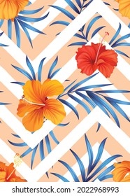 Seamless pattern of Hibiscus flowers background template. Vector set of floral element for tropical print, wedding invitations, greeting card, brochure, banners and fashion design.