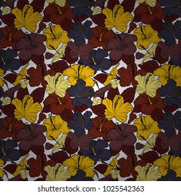 Seamless pattern with hibiscus flowers. Cute vector background. Geometric leaf ornament. Seamless abstract floral pattern in brown, yellow and gray colors. Graphic modern pattern.
