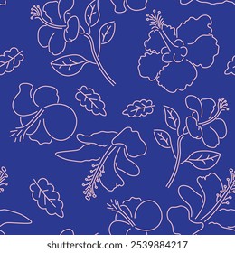 seamless pattern with hibiscus flowers in doodle style in vector. element for decor postcard poster design print wallpaper wrapping background textile