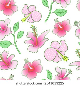 seamless pattern with hibiscus flowers in doodle style in vector. element for decor postcard poster design print wallpaper wrapping background textile