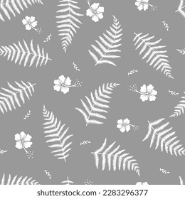 Seamless pattern with hibiscus flowers and fern leaves. 