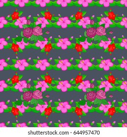 Seamless pattern with hibiscus flowers. Geometric leaf ornament. Seamless abstract floral pattern on a gray background. Cute vector background. Graphic modern pattern.