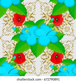 Seamless pattern with hibiscus flowers. Geometric leaf ornament. Cute vector background. Graphic modern pattern. Seamless abstract floral pattern on a gray background.