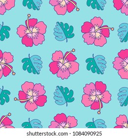Seamless pattern with hibiscus flowers. Good for textile fabric design, wrapping paper and website wallpapers. Vector illustration.