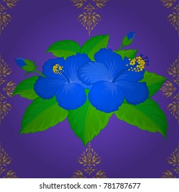 Seamless pattern with hibiscus flowers in green, blue and violet colors. Exquisite pattern of hibiscus flowers. Vintage style trendy print. Beautiful vector pattern for decoration and design.