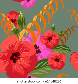 Seamless  pattern with hibiscus flowers. Hand-drawn floral background for textile, cover, wallpaper, gift packaging, printing.Romantic design for calico.