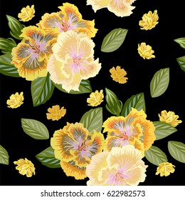 Seamless  pattern with hibiscus flowers. Hand-drawn floral background for printing on fabric, clothing, home textiles, wallpaper, gift wrapping. Romantic design.