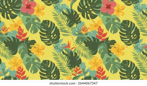 Seamless pattern with hibiscus flowers, heliconia flowers, and monstera leaves on a yellow background. Tropical, vibrant, and colorful design.