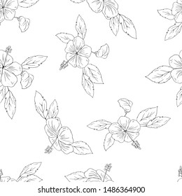 Seamless pattern with hibiscus flowers and leaves. Line drawing. Vector illustration.