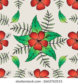 Seamless pattern with hibiscus flowers and leaves. Vector illustration.