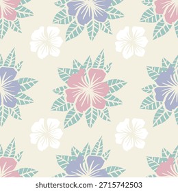 Patrón sin fisuras con flores y hojas de hibisco. Ilustración vectorial. Suave color pastel.