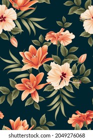 Seamless pattern of hibiscus flowers and lily with leaf background template. Vector set of floral element for tropical print, wedding invitations, greeting card, brochure, banners and fashion design.