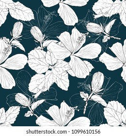 Seamless pattern Hibiscus flowers on dark green background.