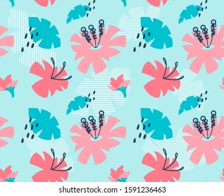 Seamless pattern with hibiscus flowers on green background illustration vector.