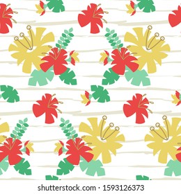 Seamless pattern with hibiscus flowers on striped background illustration vector.