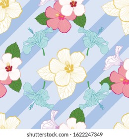 Seamless pattern with hibiscus flowers on blue stripes