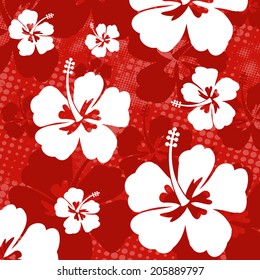 Seamless pattern with Hibiscus flowers on red background, vector illustration