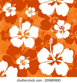 Seamless pattern with Hibiscus flowers on orange background, vector illustration