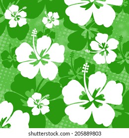Seamless pattern with Hibiscus flowers on green background, vector illustration