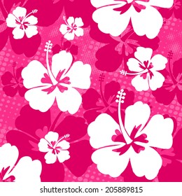 Seamless pattern with Hibiscus flowers on purple background, vector illustration