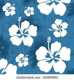 Seamless pattern with Hibiscus flowers on blue background, vector illustration