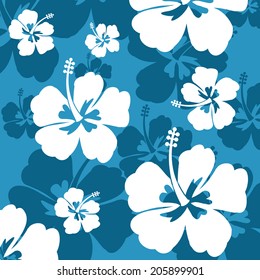 Seamless pattern with Hibiscus flowers on blue background, vector illustration