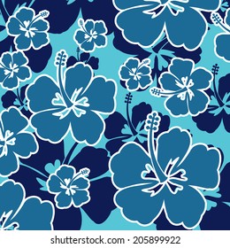 Seamless pattern with Hibiscus flowers on blue background, vector illustration