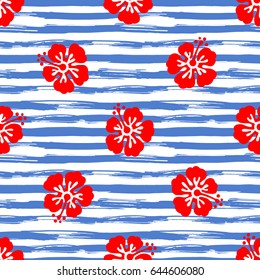 Patrón sin inconvenientes con flores de hibisco sobre fondo a rayas. Ilustración tropical de verano. Vector.