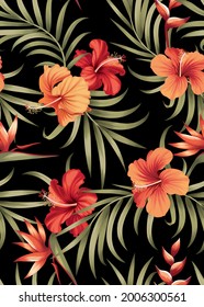 Seamless pattern of hibiscus flowers and palm leaf background template. Vector set of floral element for tropical print, wedding invitations, greeting card, brochure, banners and fashion design.