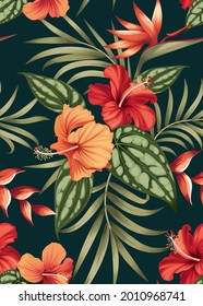 Seamless pattern of hibiscus flowers and palm leaf background template. Vector set of floral element for tropical print, wedding invitations, greeting card, brochure, banners and fashion design.