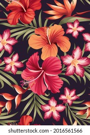 Seamless pattern of hibiscus flowers and palm leaf background template. Vector set of floral element for tropical print, wedding invitations, greeting card, brochure, banners and fashion design.