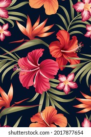 Seamless pattern of hibiscus flowers and palm leaf background template. Vector set of floral element for tropical print, wedding invitations, greeting card, brochure, banners and fashion design.