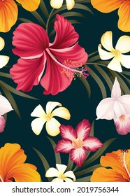 Seamless pattern of hibiscus flowers and palm leaf background template. Vector set of floral element for tropical print, wedding invitations, greeting card, brochure, banners and fashion design.