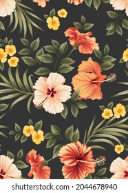 Seamless pattern of hibiscus flowers and palm leaf background template. Vector set of floral element for tropical print, wedding invitations, greeting card, brochure, banners and fashion design.